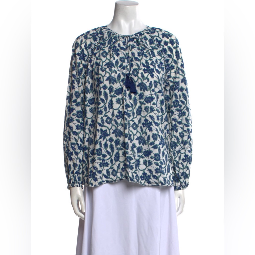 Derek Lam 10 Crosby Blue White Floral Print Crew Neck Tassle Blouse Size 8
